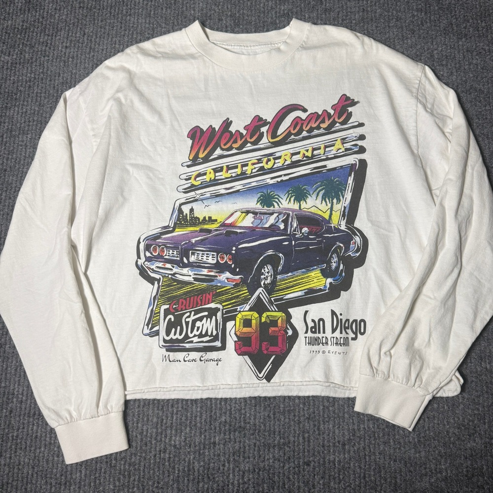 J. Galt Graphic Tee Women OS White West Coast California Cropped Long Sleeve